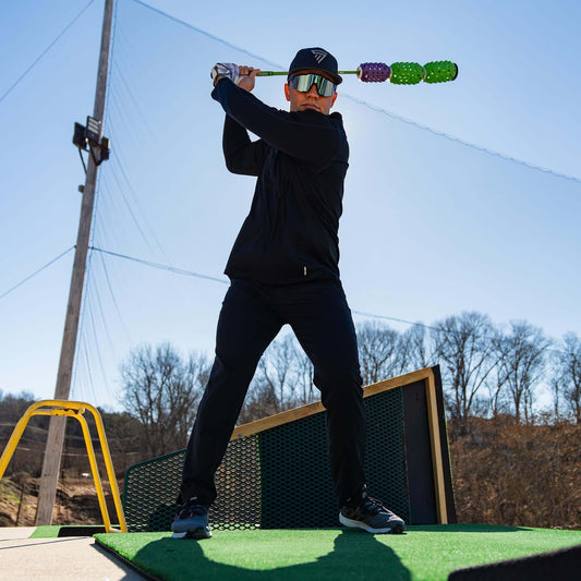 Aero-Shaft swing speed trainer with stiff shaft and adjustable wind resistance pineapples for baseball and golf
