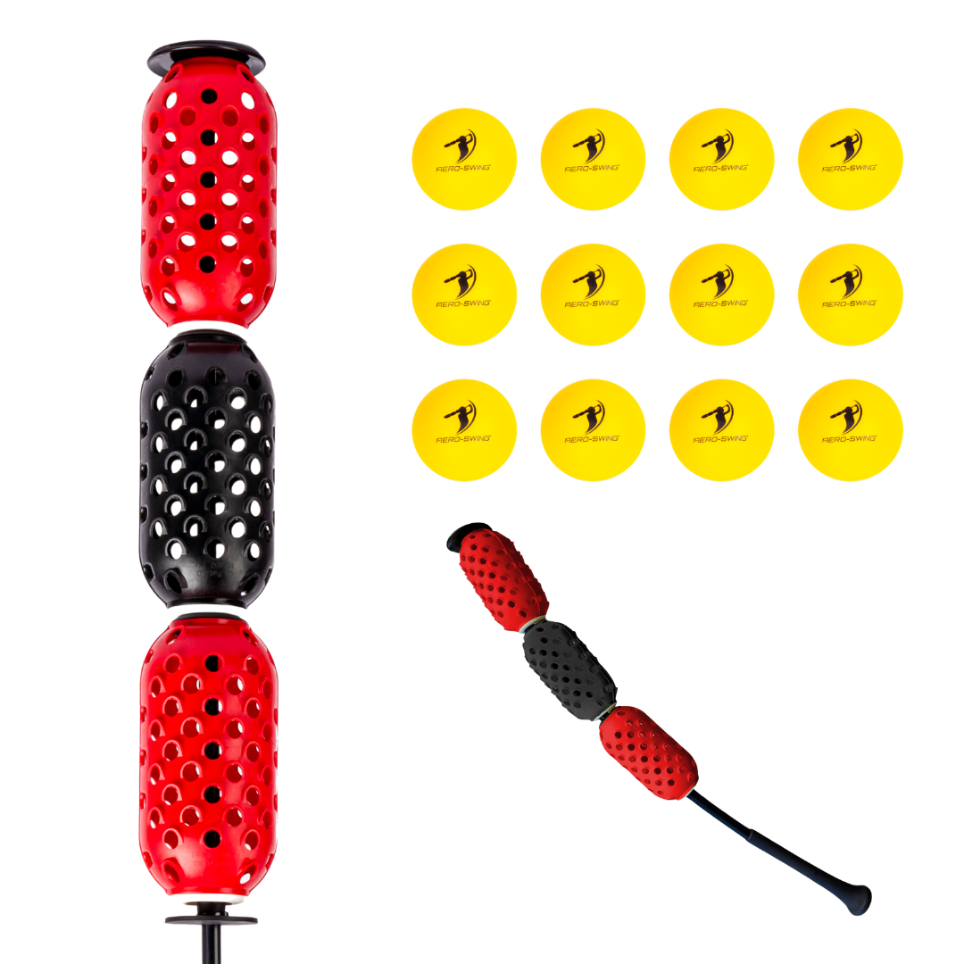Aero-Bat baseball swing speed trainer and on deck warmup device.