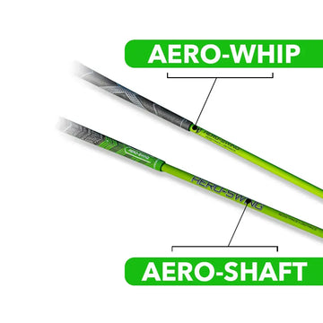 Aero-Swing golf training aid featuring the Aero-Whip and Aero-Shaft components designed to improve swing resistance and distance, shown in green and black color design.